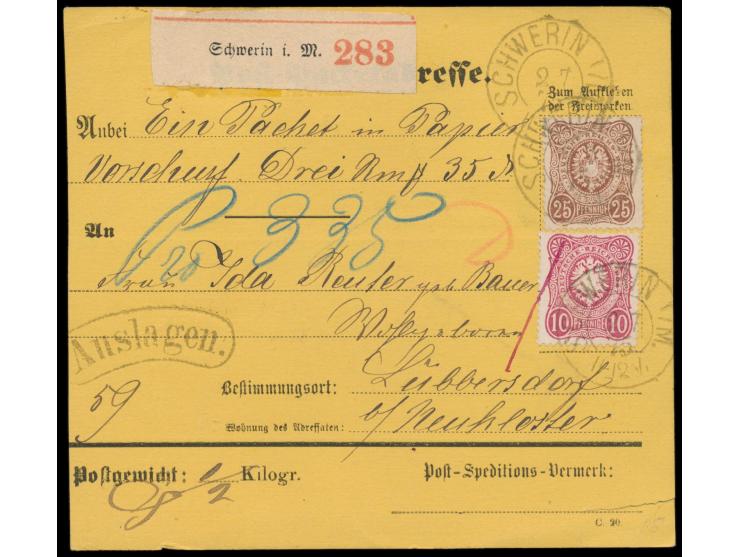 10 Pfe. und 25 Pfe. auf  Auslagen-Paketkarte  für ein Paket von 1/2 kg Gewicht von Schwerin nach Lübbersdorf bei Neukloster, 