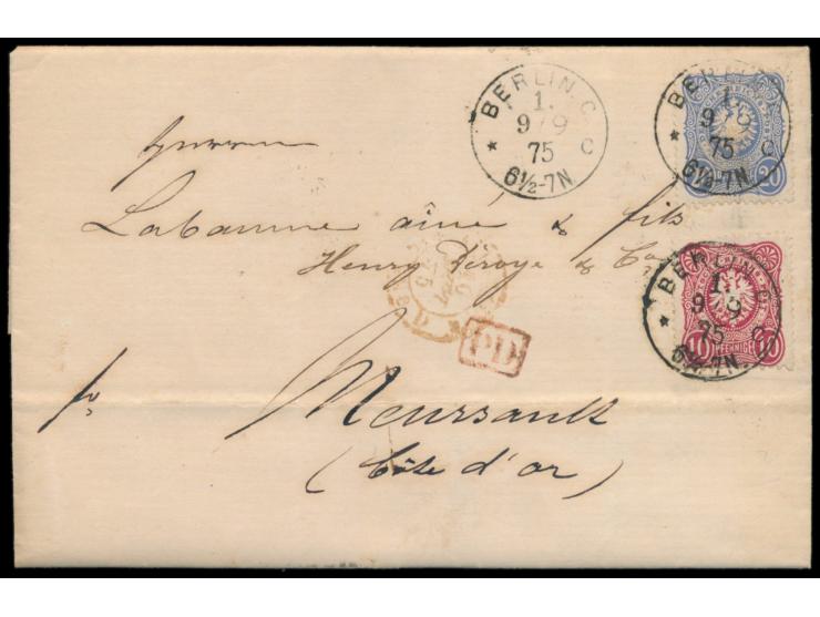 10 Pfe. und 20 Pfe. auf  Auslandsbrief  (Faltbrief mit komplettem Inhalt) zum 30 Pf.-Tarif nach Frankreich, Stempel  Berlin. 