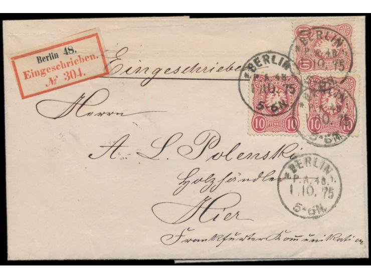 3 x 10 Pfe. auf  Orts-Einschreibbrief  mit Stempel  Berlin P.A. 48 N. 1.  1.10.75,  R-Zettel mit Ortsangabe,  hierfür frühes 