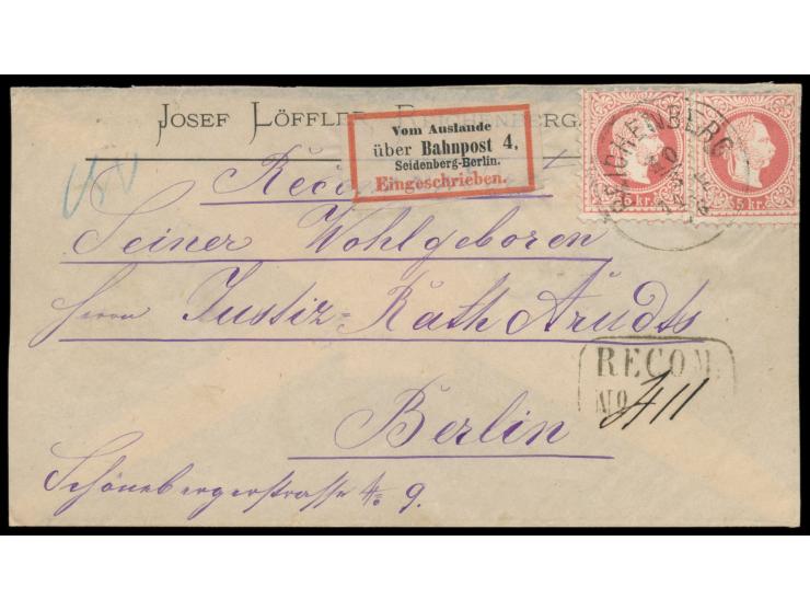 3 x Österreich  5 Kr. (Ausgabe 1867) auf  Einschreibbrief  (eine Marke rückseitig) von  Reichenberg  10.3.76 nach Berlin, Ste