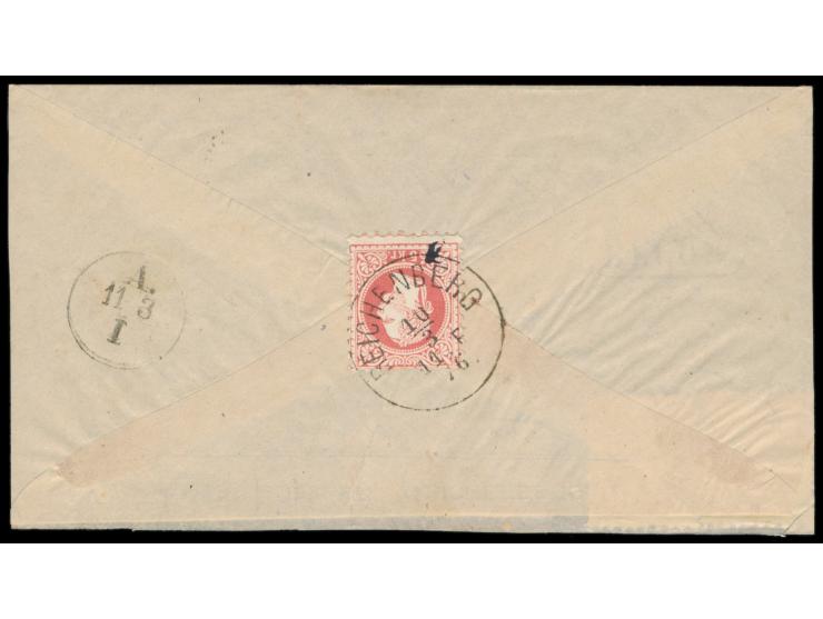 3 x Österreich  5 Kr. (Ausgabe 1867) auf  Einschreibbrief  (eine Marke rückseitig) von  Reichenberg  10.3.76 nach Berlin, Ste