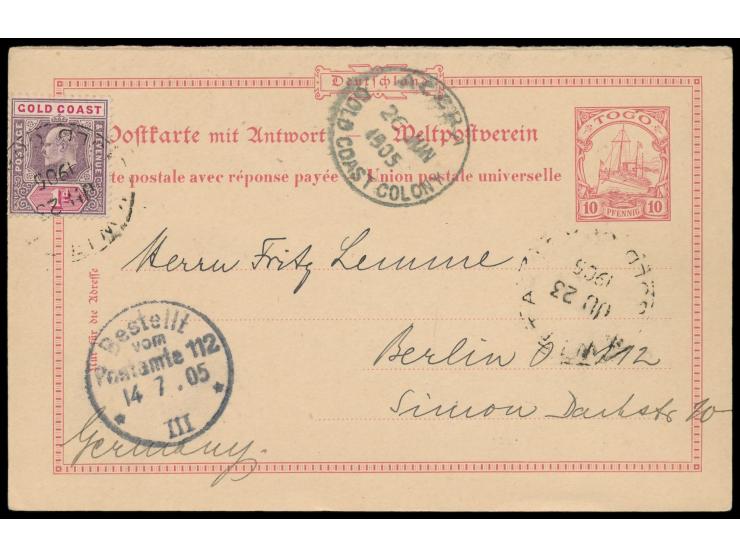 Gold Coast,  1 d. auf Togo-Ganzsachen-Frageteil 10 Pf. nach Berlin, Stempel  Kwitta  23.6.05, Durchgangsstempel Accra 26.6.19