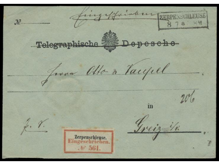 Vordruckbrief  Telegraphische Depesche,  verwendet als Einschreibbrief Postsache, R2  Zerpenschleuse  8.7., R-Zettel rote Num