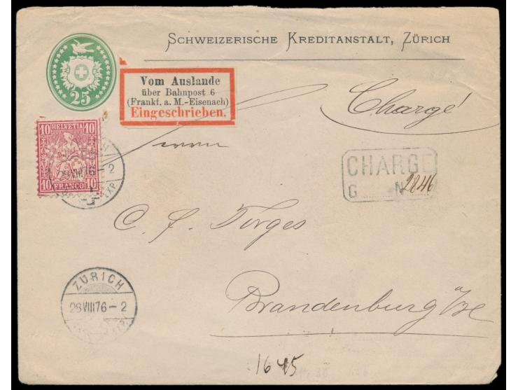Schweiz-Ganzsachenumschlag  25 Rp. mit Absenderzudruck "Schweizerische Kreditanstalt, Zürich" uns Zusatzfrankatur 10 Rp. mit 