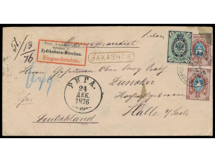 Russland &nbsp;3 Kop. und 2 x 10 Kop. (1 x kleiner Tintenfleck) auf Einschreibbrief mit Stempel &nbsp;Riga &nbsp;23.12.1876 n