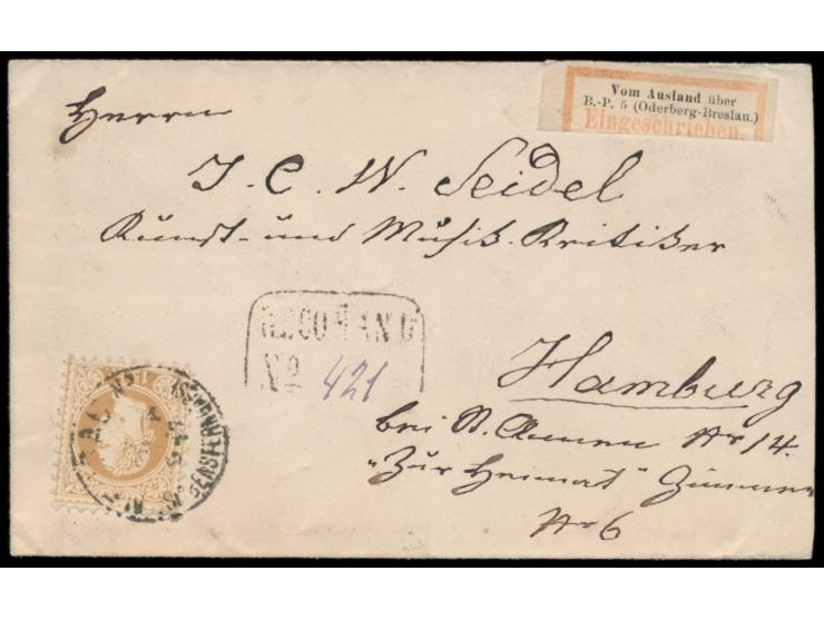 Österreich 15 Kr. (Ausgabe 1867) auf kleinem Briefumschlag aus Wien nach Hamburg, Stempel Neubau / Siebensterngasse 1877, Rah