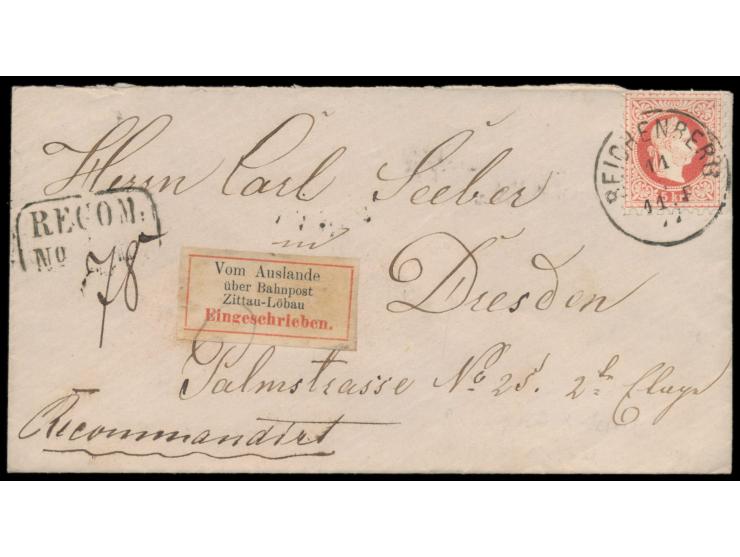 3 x Österreich  5 Kr. (Ausgabe 1867) auf  Einschreibbrief  (zwei Marken rückseitig) von  Reichenberg  11.5.77 nach Dresden, S