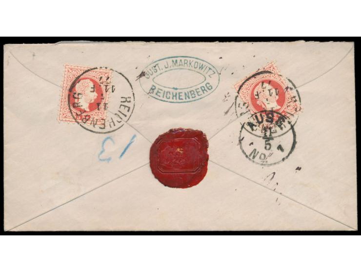 3 x Österreich  5 Kr. (Ausgabe 1867) auf  Einschreibbrief  (zwei Marken rückseitig) von  Reichenberg  11.5.77 nach Dresden, S