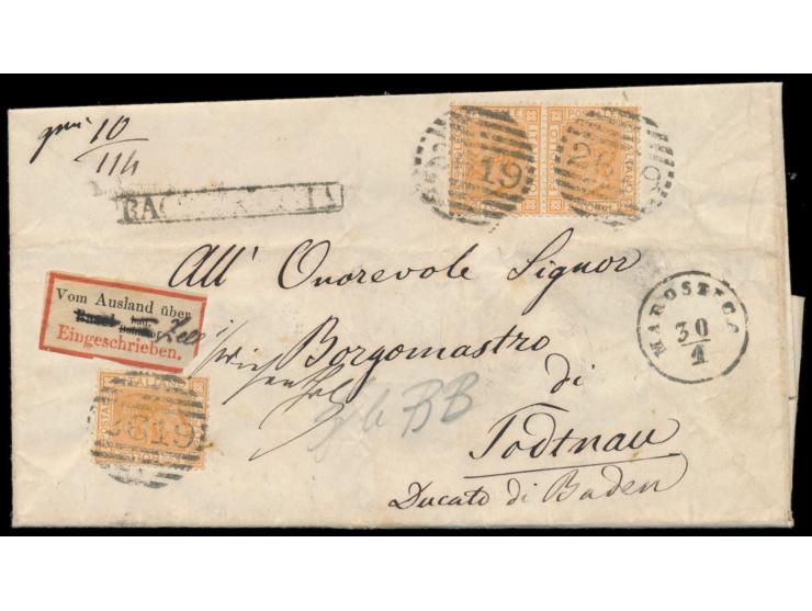 3 x Italien 20 C. auf Faltbrief (mit Inhalt) als  Einschreiben  nach Todtnau / Deutschland, Nummernstempel 2619 und weiterver