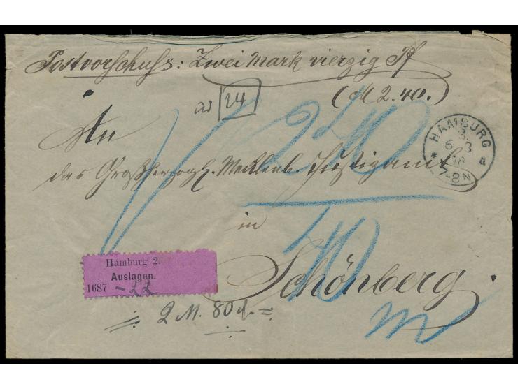 unfrankierter Postvorschussbrief mit Stempel  Hamburg 2  6.3.78, dreiseitig gezähnter lila  Aufkleber "Hamburg 2 Auslagen 168