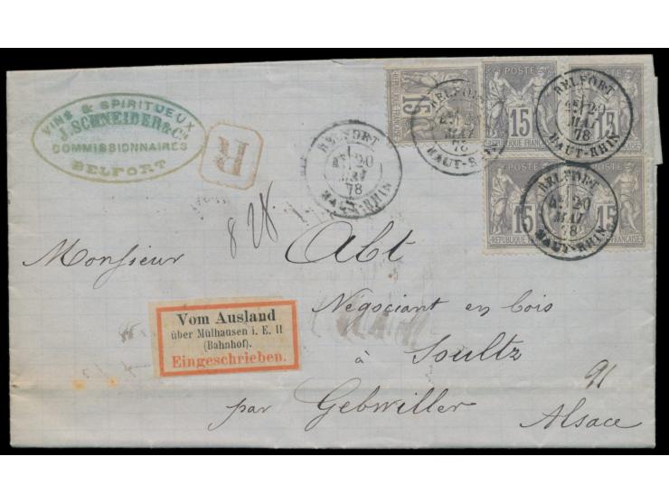 5 x  Frankreich 15 C.  auf Brief (Faltbrief mit Inhalt) mit Stempel Belfort / Haut-Rhin 20.5.78 nach Sulz bei Gebweiler, klei