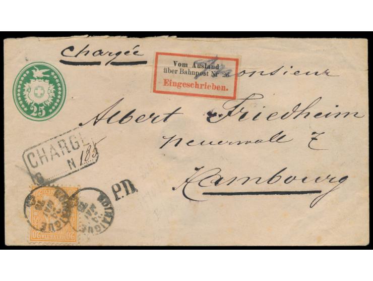 Schweiz-Ganzsachenumschlag 25 Rp. mit Zusatzfrankatur 20 Rp. als Einschreiben nach Hamburg, kleiner Stempel Noiraigue 24.5.78