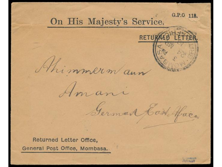 K.U.T.:  Vordruckumschlag des  Returned Letter Office Mombasa,  Stempel Mombasa 24.3.19, nach Amani, German East Africa, Durc