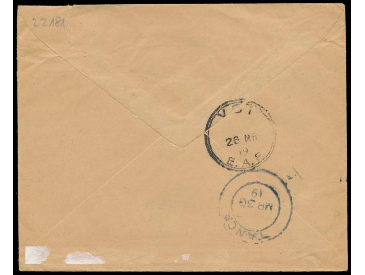 K.U.T.:  Vordruckumschlag des  Returned Letter Office Mombasa,  Stempel Mombasa 24.3.19, nach Amani, German East Africa, Durc