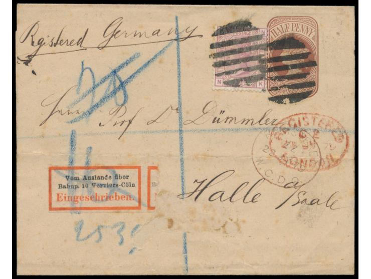 Großbritannien-Ganzsachen-Streifband  1/2 d. mit Zusatzfrankatur 2 1/2 d. als  Einschreiben  nach Deutschland, Stempel Regist