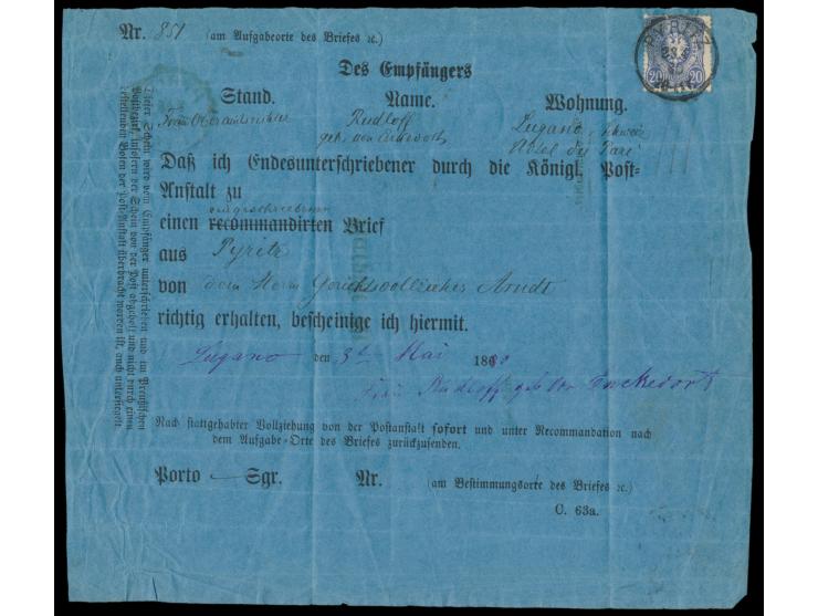 20 Pfe. innen auf blauer Recepisse mit Stempel Pyritz 28.4.80 aus  Lugano / Schweiz  am 3.5.1880 zurück nach Pyritz, Durchgan