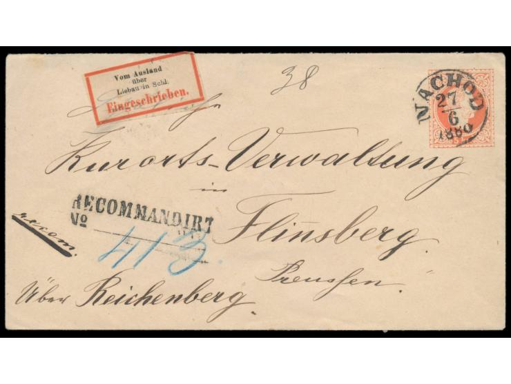 Österreich, Ausgabe 1867: Ganzsachenumschlag 5 Kr. mit rückseitig 2 x 5 Kr., Stempel  Nachod  27.6.1880, Stempel  Recommandir