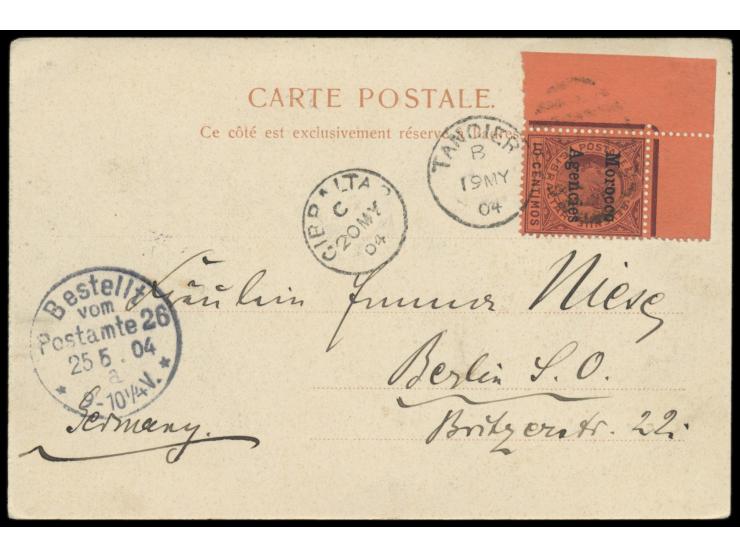 Morocco Agencies:  Aufdruckausgabe 10 C. als linkes oberes  Eckrandstück  auf Ansichtskarte nach Berlin, Stempel Tangier A 26
