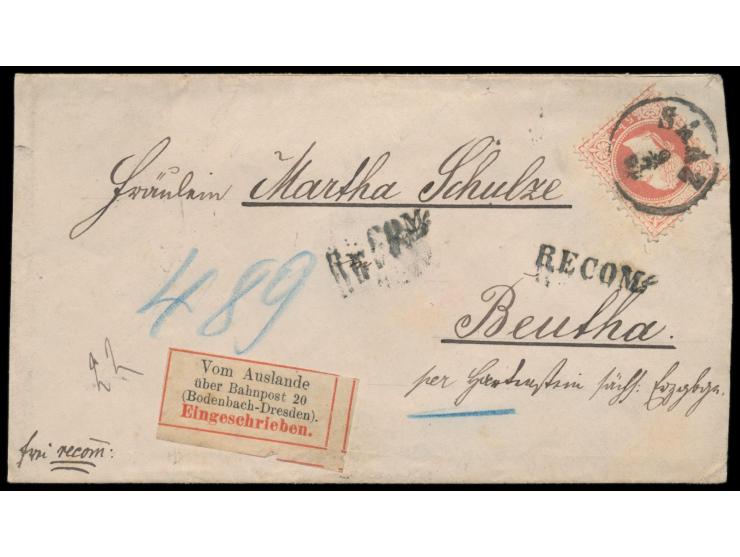 3 x Österreich 5 Kr. (Ausgabe 1867) beidseitig auf Einschreibbrief mit Stempel  Saaz  9.7.80 nach Deutschland, L1 Recom. und 