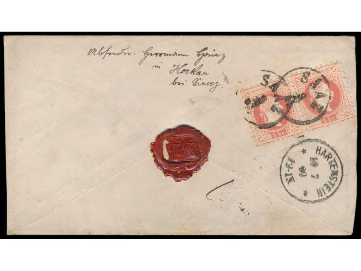 3 x Österreich 5 Kr. (Ausgabe 1867) beidseitig auf Einschreibbrief mit Stempel  Saaz  9.7.80 nach Deutschland, L1 Recom. und 