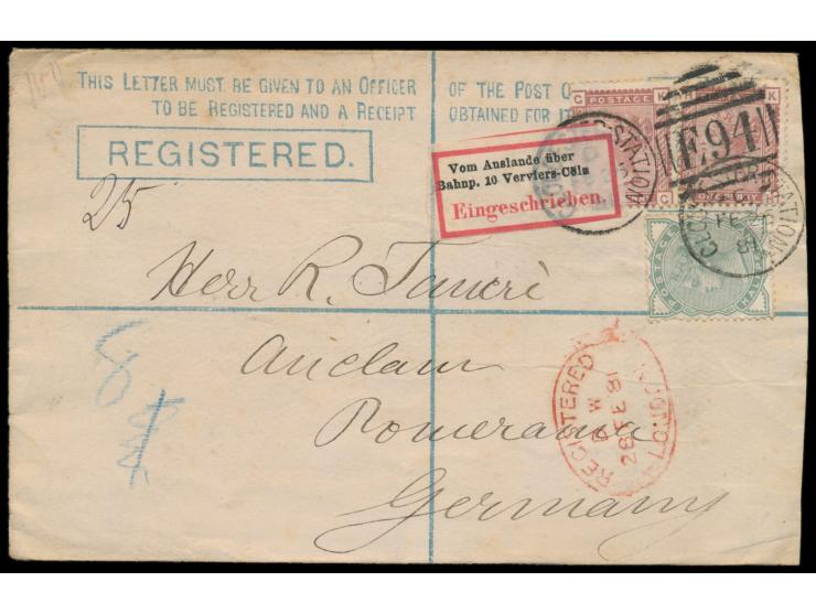 Großbritannien-R-Ganzsachenumschlag 2 d.  mit Zusatzfrankatur 1/2 d. und 2 x 1 d. nach Deutschland, Stempel  Cloucester Stati