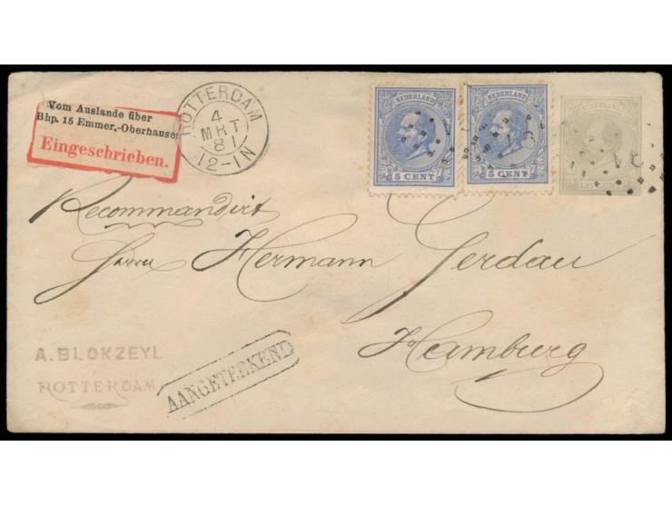 Niederlande-Ganzsachenumschlag 12 1/2 C. mit 2 x 5 C. als Einschreiben nach Hamburg, Stempel Rotterdam 4.3.81 und Punktstempe