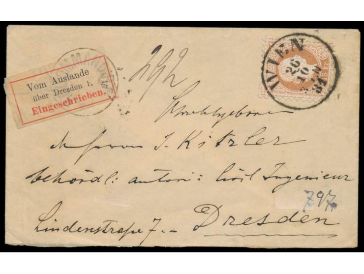 Einzelfrankatur Österreich 15 Kr.  (Ausgabe 1867) auf kleinformatigem Briefumschlag als  Einschreiben  nach Dresden, Stempel 