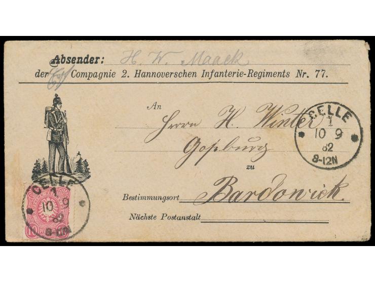 10 Pf. auf &nbsp;Soldatenbriefumschlag &nbsp;&quot;... der ... Compagnie 2. Hannoverschen Infanterie-Regiments Nr. 77.&quot; 