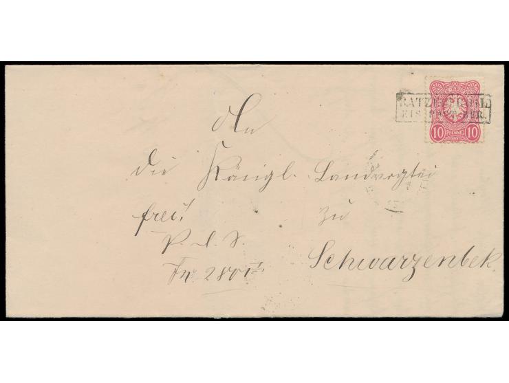 seltener R2  Ratzeburg i. L. / Eis.-Post-Bur.  auf Faltbriefhülle mit 10 Pf. nach Schwarzenbek, rückseitig Bahnpost-L3 Lübeck