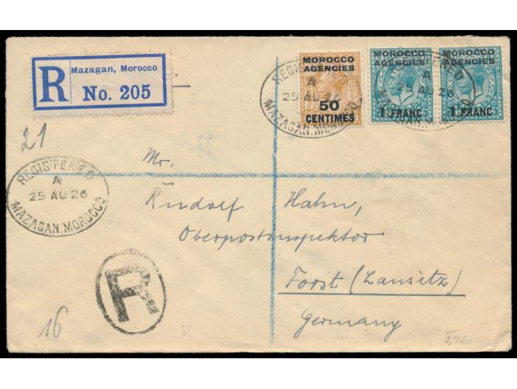 Morocco Agencies,  50 C. auf 5 d. und 2 x 1 Fr. auf 10 d. auf  Einschreibbrief  mit Stempel  Registered Mazagan, Morocco  25.