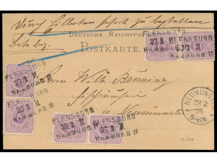 6 x 5 Pf. auf  Eilboten-Postkarte  aus Flensburg mit Bahnpost-L3  Flensburg - Hamburg  23.2. II nach Neumünster, Ankunftstemp