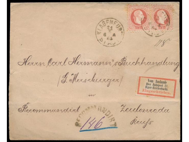 4 x  Österreich  5 Kr. (Ausgabe 1867) beidseitig auf Einschreibbrief mit Stempel  Klagenfurt Stadt  24.5.84 nach Deutschland,