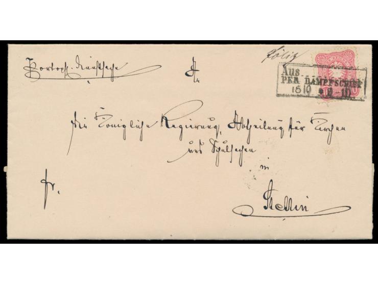 R3  Aus ... Per Dampfschiff  15.10.(1884) und handschriftlich  "Pölitz"  auf Faltbrief mit 10 Pfg. nach Stettin, mit komplett