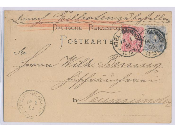 10 Pf. und 20 Pf. auf  Eilbotenkarte  mit Stempel  Kiel - Bahnhof  18.1.85 nach Neumünster, Ankunftstempel 18.1.85, portorich