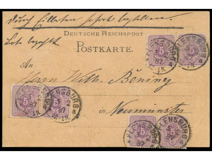 6 x 5 Pf. auf  Eilboten-Postkarte  mit Stempel Flensburg 3.2.87 nach Neumünster, zwei Marken etwas über den Kartenrand gekleb