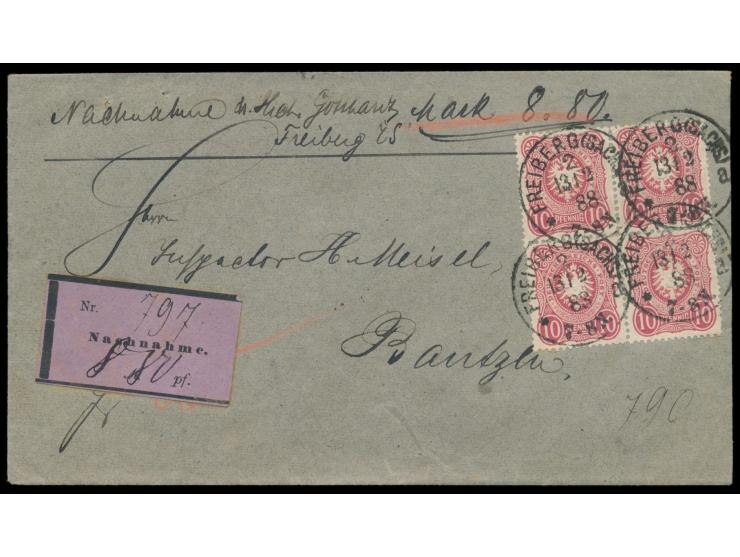 Viererblock 10 Pf.  auf Nachnahme-Brief mit Stempel  Freiberg (Sachs) 2  13.2.88 nach Bautzen, jede Marke einzeln entwertet, 