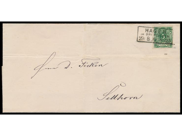 5 Pf. mit besserer Farbe  dunkelgrün  auf Faltbriefhülle, Rahmenstempel  Hagen im Bremischen  29.8.90, nach Sellhorn, geprüft