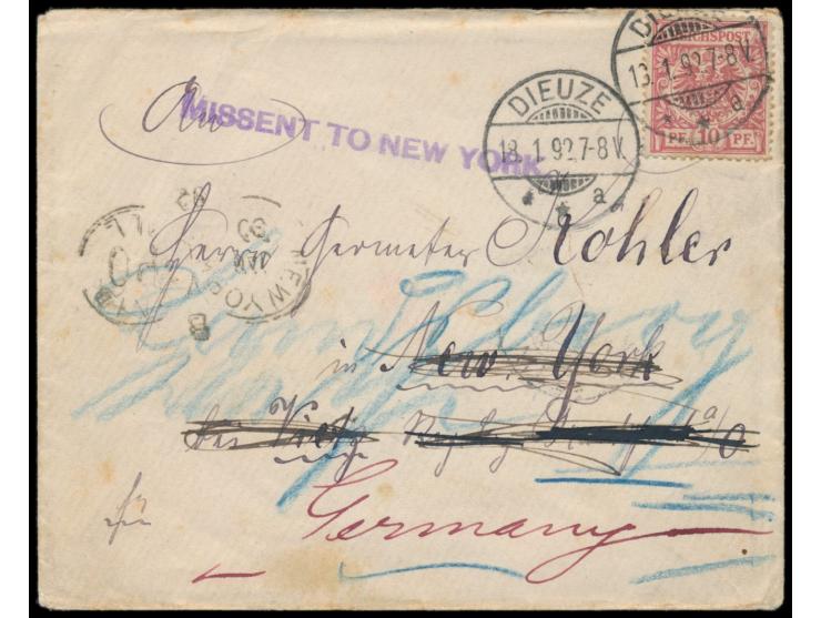 Brief mit Stempel  Dieuze  18.1.92  nach New York bei Vietz  (Reg. Bez. Frankfurt / Oder), irrtümlich nach New York / USA bef