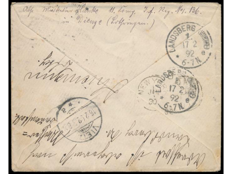 Brief mit Stempel  Dieuze  18.1.92  nach New York bei Vietz  (Reg. Bez. Frankfurt / Oder), irrtümlich nach New York / USA bef