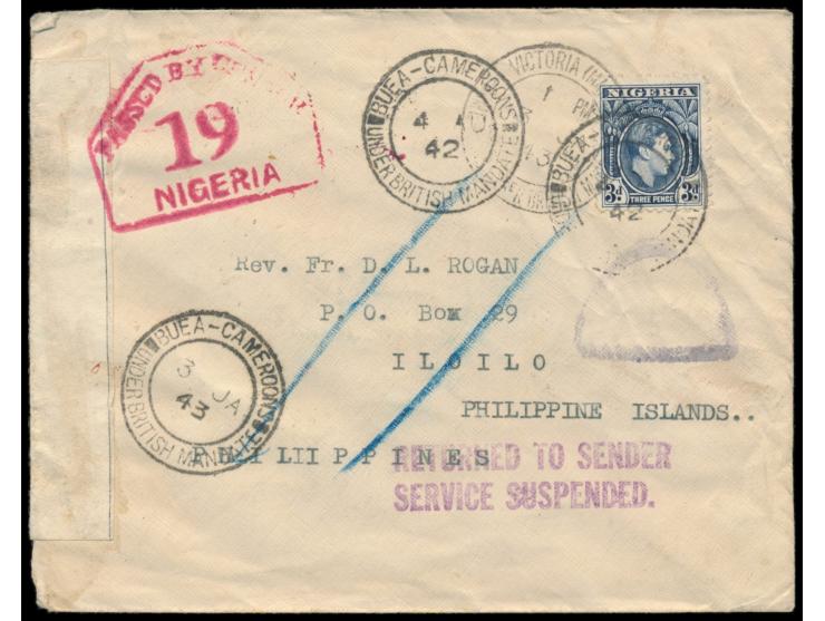 Nigeria,  3 d. auf Brief mit Stempel  Buea - Cameroons under British Mandate  4.8.42  nach Iloilo / Philippinen,  Durchgangss
