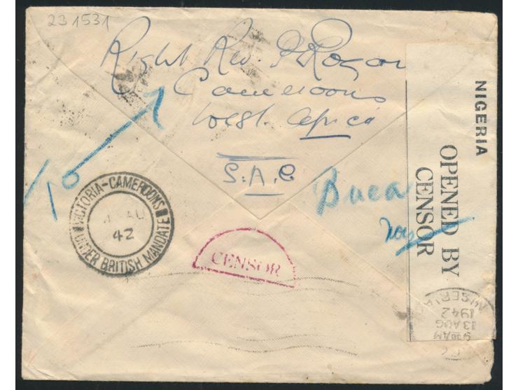 Nigeria,  3 d. auf Brief mit Stempel  Buea - Cameroons under British Mandate  4.8.42  nach Iloilo / Philippinen,  Durchgangss