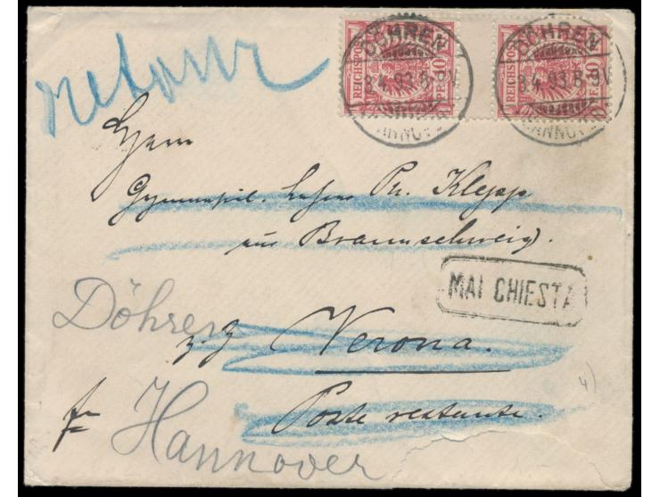 senkrechtes  Zwischenstegpaar  10 Pf. Krone-Adler auf Auslandsbrief mit Stempel  Döhren (Hannover)  3.4.93 nach Verona, Poste