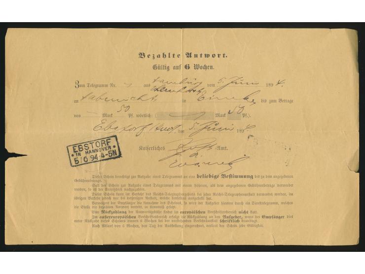 Telegramm-Antwortschein, &nbsp;mit 50 Pf. vorausbezahlt, Stempel &nbsp;Ebstorf in Hannover &nbsp;5.6.94, links unten 5 cm Ein
