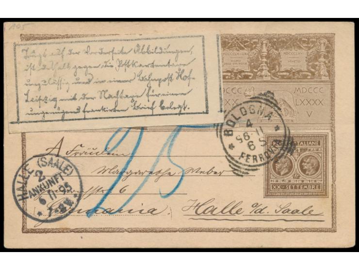 Italien-Sonderganzsache 10 C. mit Stempel Bologna 4.11.95 nach Halle, hektografierter  Aufkleber  "Trägt auf der Vorderseite 