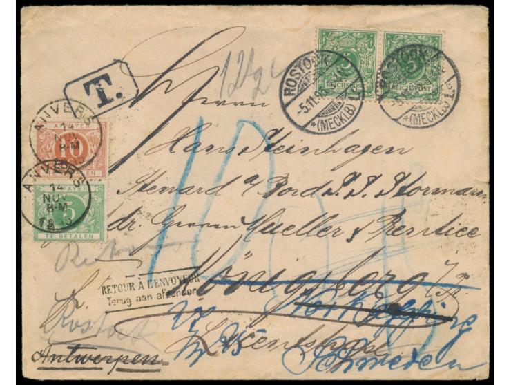 2 x 5 Pf. auf Brief mit Stempel &nbsp;Rostock (Mecklb.) 1 &nbsp;5.11.95 nach Königsberg, nachgesandt nach Schweden und Belgie