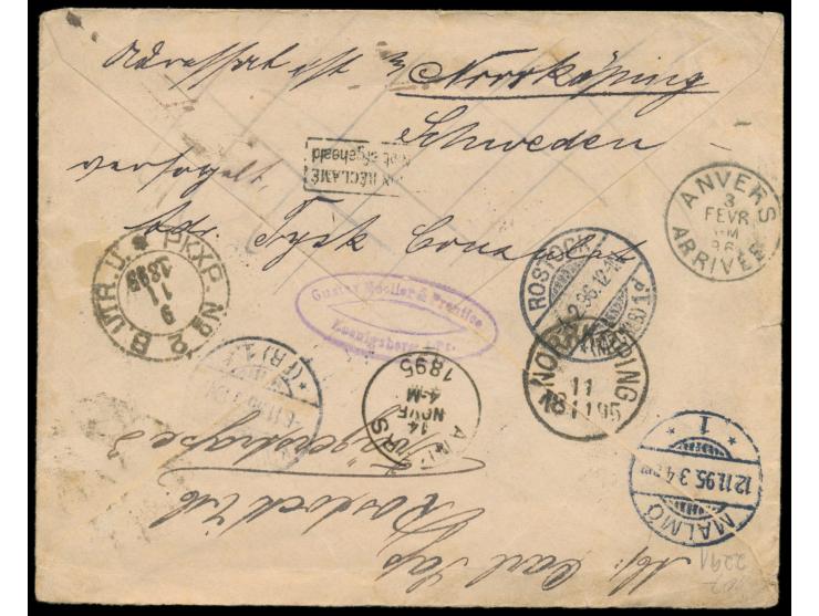 2 x 5 Pf. auf Brief mit Stempel &nbsp;Rostock (Mecklb.) 1 &nbsp;5.11.95 nach Königsberg, nachgesandt nach Schweden und Belgie