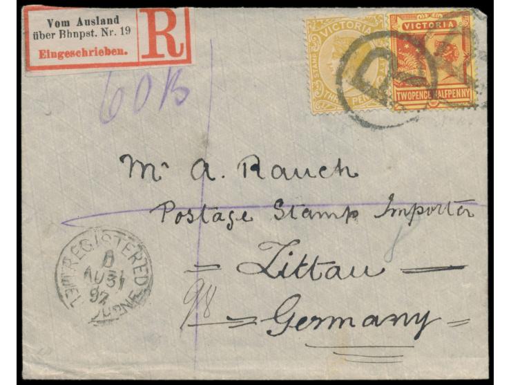 Australien - Victoria  1 1/2 d. und 3 d. auf Einschreibbrief nach Deutschland, entwertet mit Kreisstempel "R", Stempel  Regis