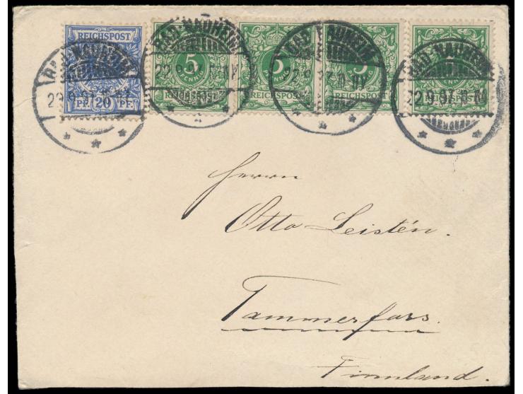 4 x 5 Pf. und 20 Pf. auf Auslandsbrief 2. Gewicht nach Finnland, Stempel  Bad Nauheim  22.9.97, Ankunftstempel Tampere, ungew