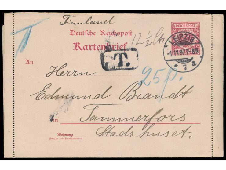 Ganzsachen-Kartenbrief 10 Pf. mit Stempel Leipzig 7 1.11.97 , Ersttag, ohne Zusatzfrankatur nach Finnland, daher T.-Stempel u