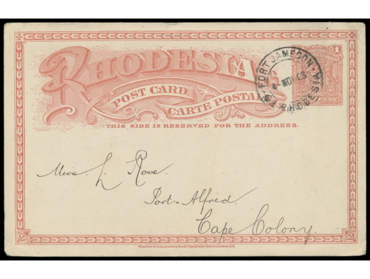 Nord-Rhodesien:  Ganzsache 1 d. mit Stempel  Fort Jameson N.E. Rhodesia  4.11.03 nach Port Alfred / Cape Colony, Bedarf
